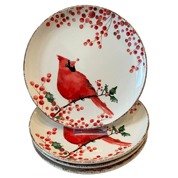 Potter’s Studio Red Cardinal Holly Berries CHRISTMAS Salad Plate Set of 2 NEW - Picture 2 of 13